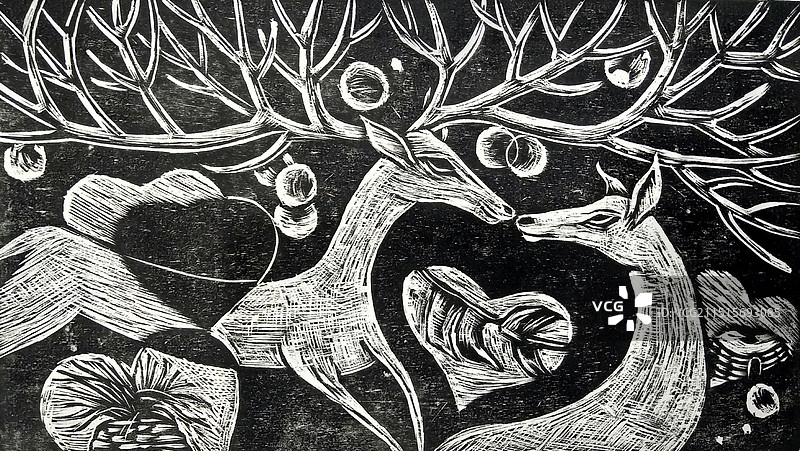 木版画《鹿系列-心心相印》图片素材