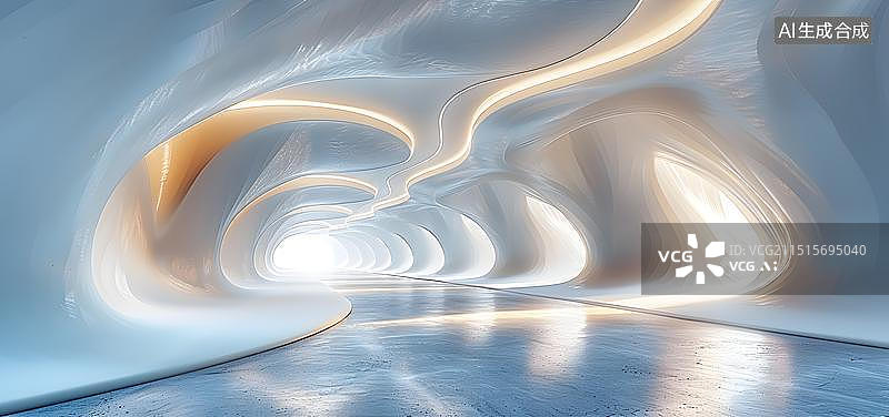 【AI数字艺术】白色发光室内科幻空间 抽象白色建筑室内大厅图片素材