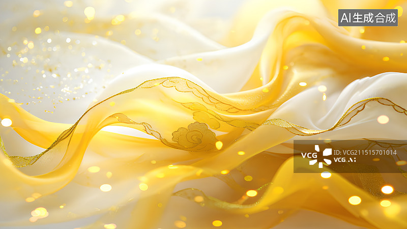 【AI数字艺术】3D渲染，飘动的浅黄色轻纱，丝绸，金色纹理，中国风清新背景图图片素材