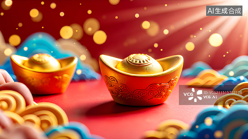 【AI数字艺术】3D渲染，金元宝，黄金，财富，国潮风海报，中国风背景图图片素材