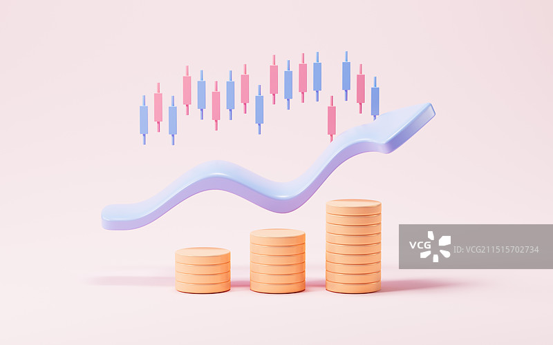 卡通金融股市上涨经济上升趋势概念3D渲染图片素材