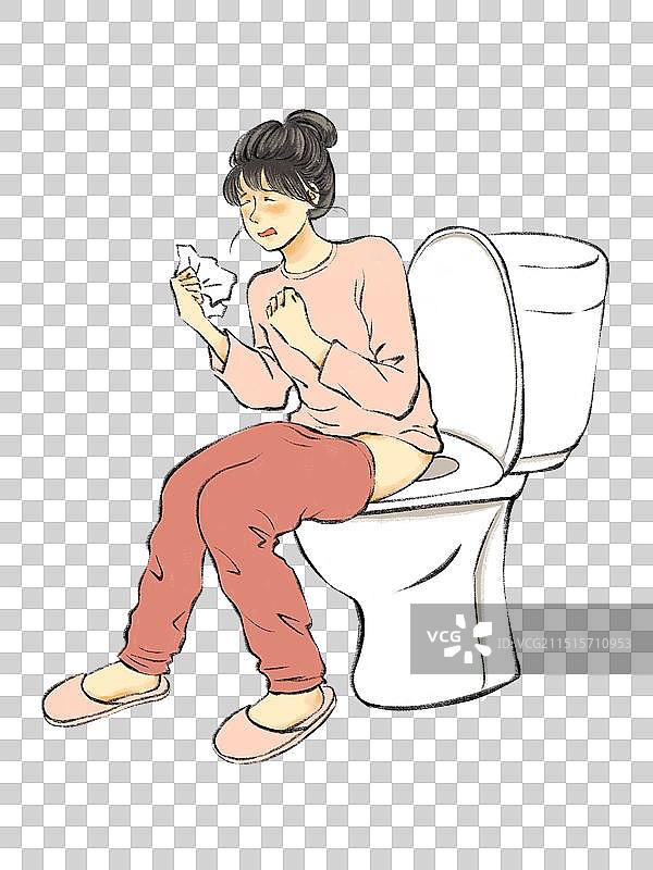 年轻女人坐在马桶上排便困难便秘的插画元素图片素材