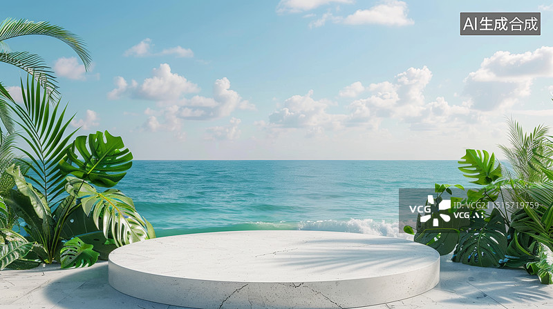 【AI数字艺术】海边绿植圆形产品展台图片素材