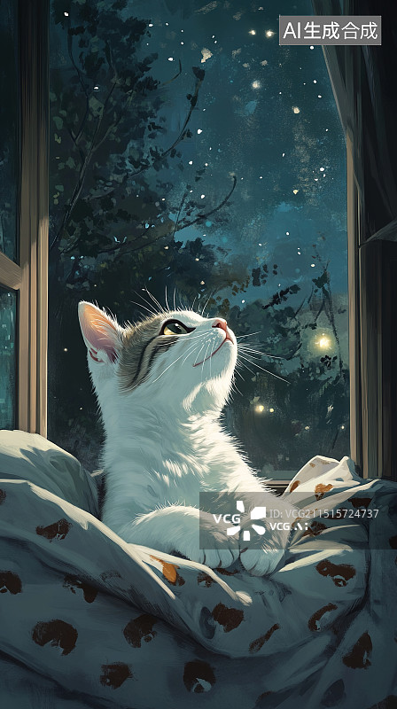【AI数字艺术】夜晚窗边的猫咪 仰望图片素材