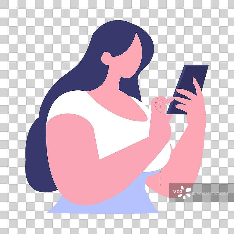 女人用扁平风格看智能手机图片素材