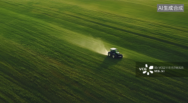 【AI数字艺术】航拍拖拉机在田间喷洒农药背景图片素材