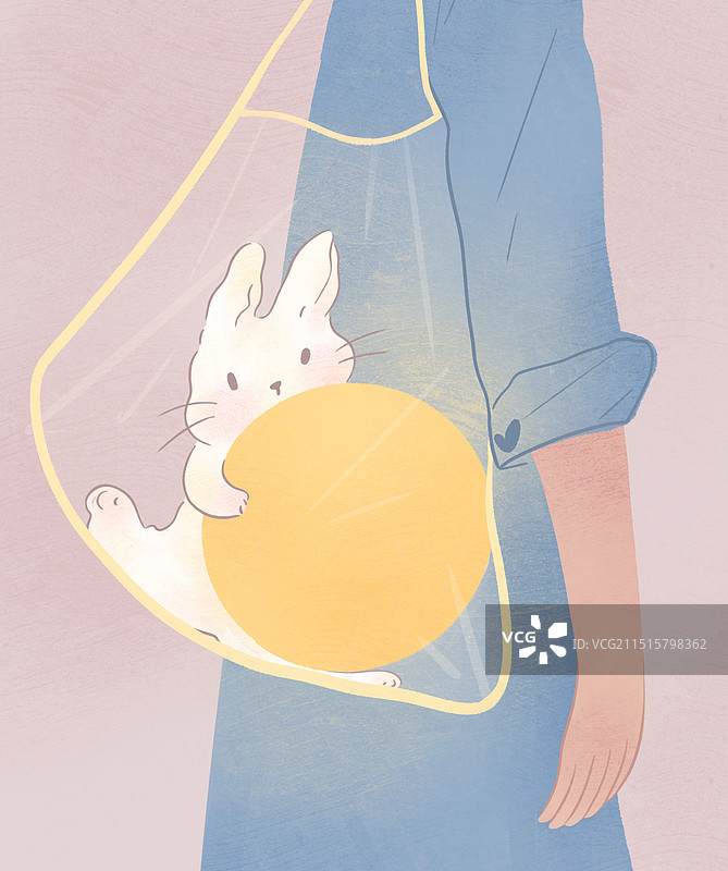 背包里的兔子和月亮插画图片素材