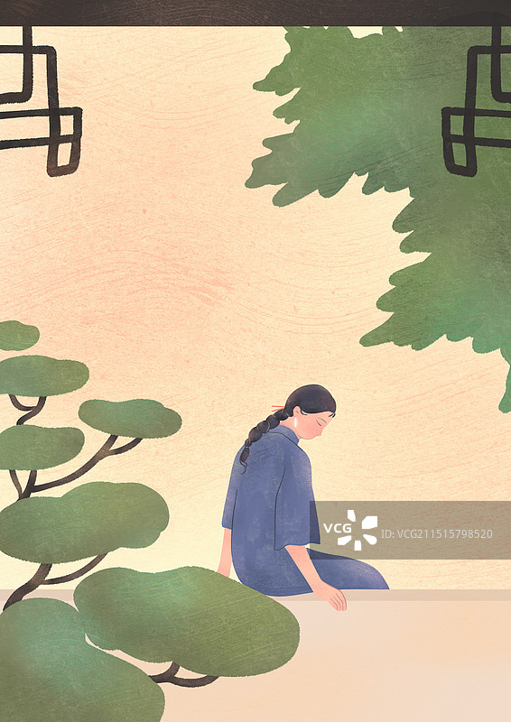 中式复古旗袍女风景插画图片素材