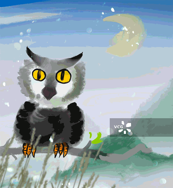月亮，夜晚，猫头鹰，可爱动物水墨动画插图图片素材