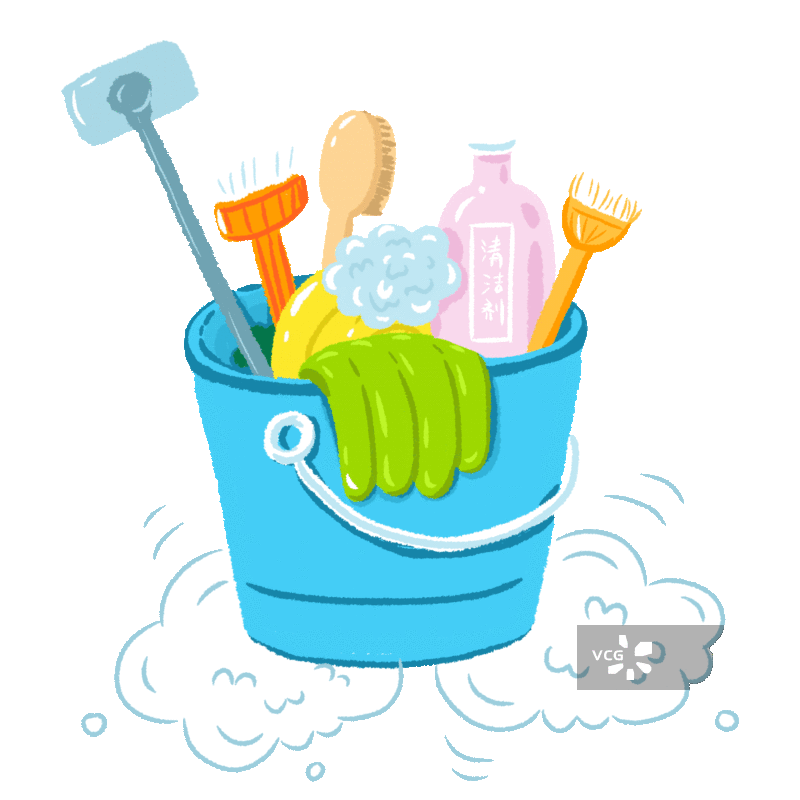 装满清洁工具的水桶插画动图图片素材