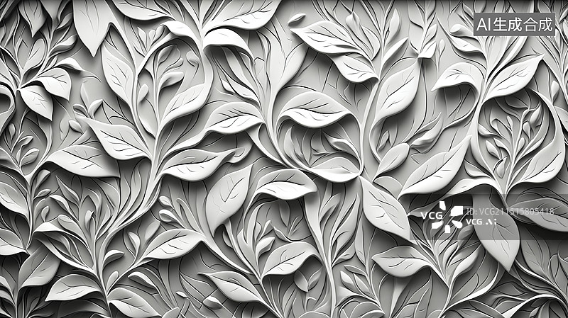 【AI数字艺术】《白色植物浮雕图案》图片素材