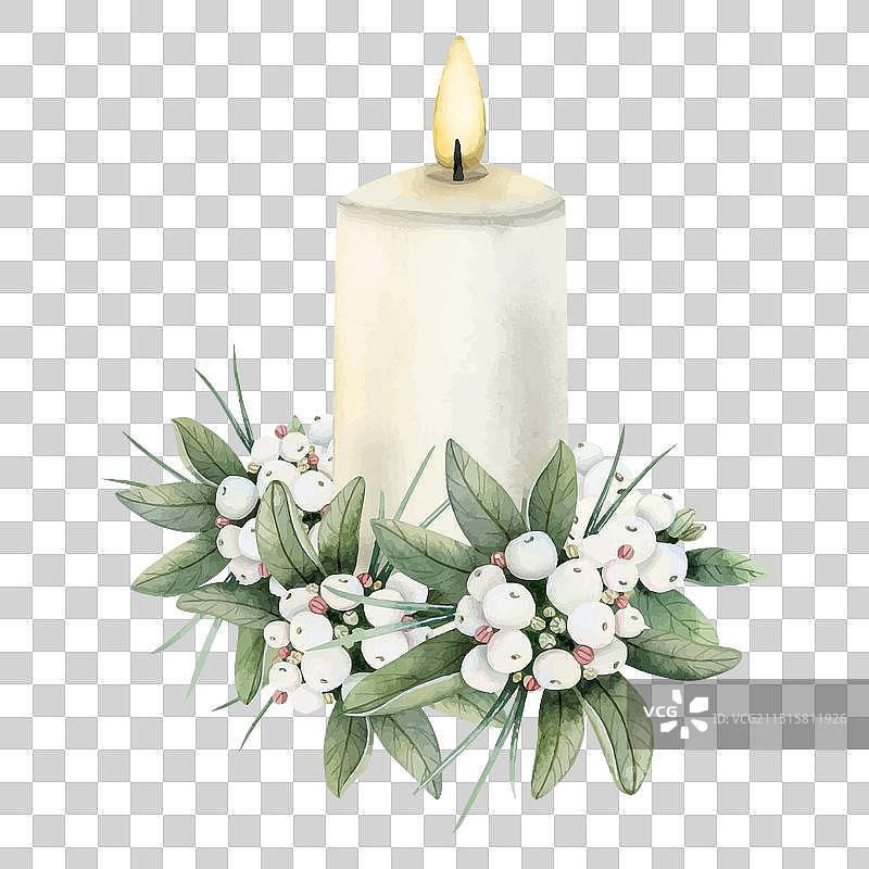 雪莓白色浆果圣诞蜡烛图片素材