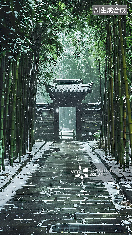 【AI数字艺术】冬天竹林建筑图片素材