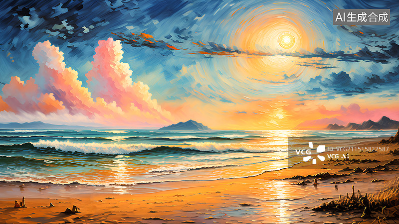 【AI数字艺术】橘色天空下的海景图片素材
