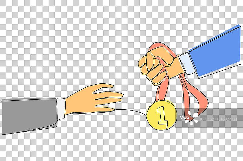 手授予奖牌的单线连续绘图图片素材