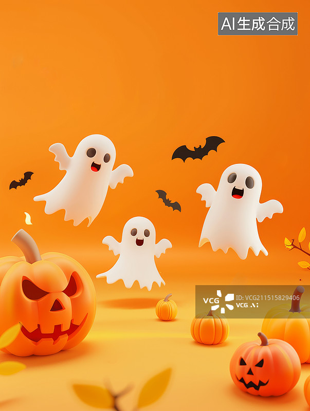 【AI数字艺术】万圣节主题的幽灵与南瓜装饰图片素材