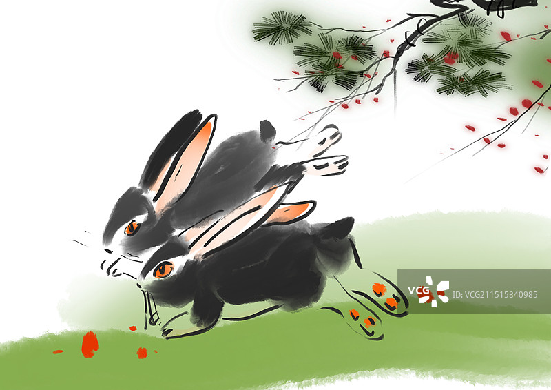 秋天，松树，兔子，一对图片素材