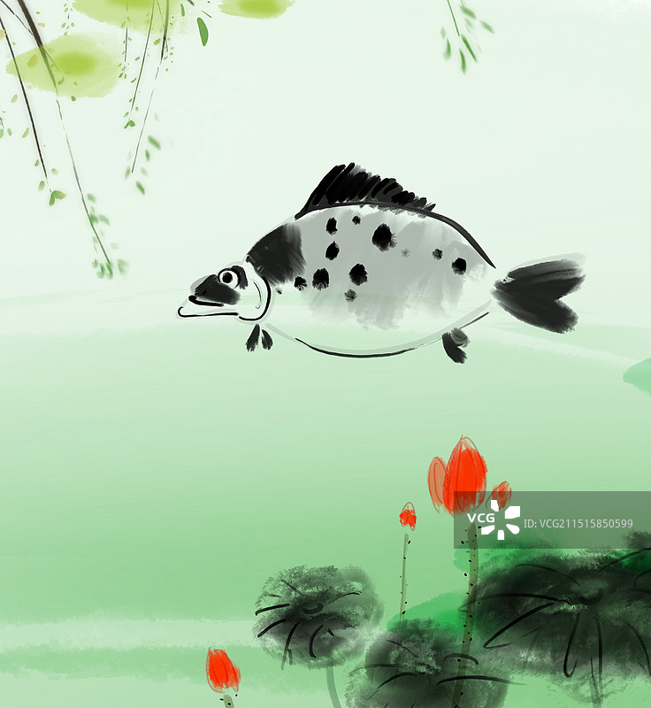 红色，荷花，池塘，鳜鱼，图片素材