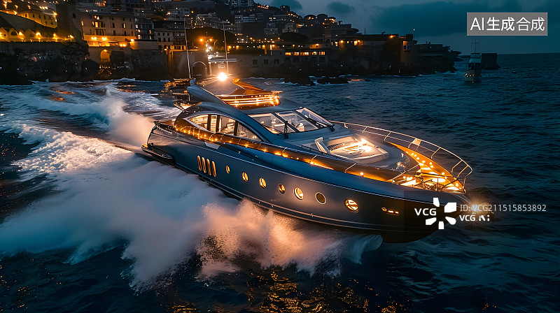 【AI数字艺术】富有的游艇快艇在海上奔驰海浪夜景图片素材