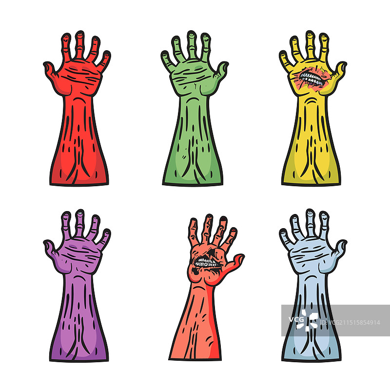 色彩鲜艳的僵尸手臂以令人毛骨悚然的绿色风格挥舞图片素材