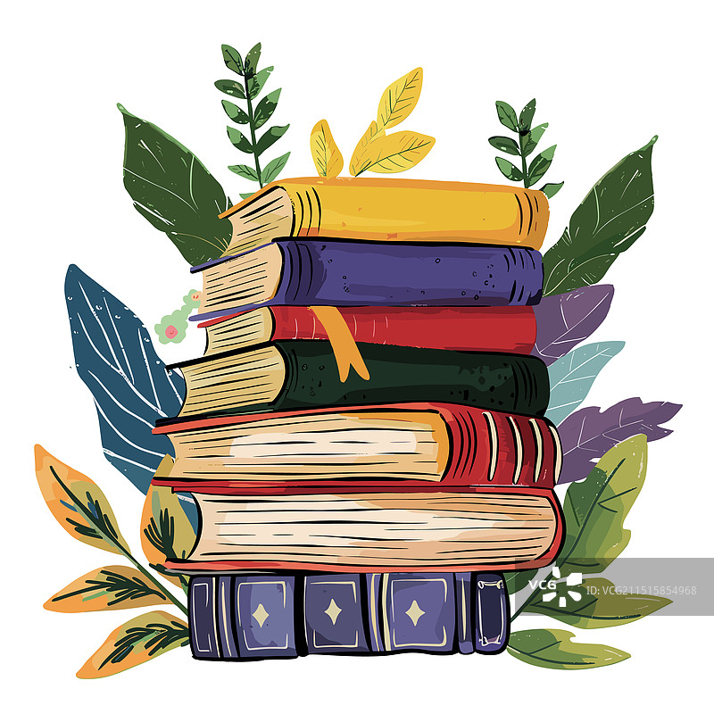 绿色黄色背景下的彩色堆叠书籍图片素材
