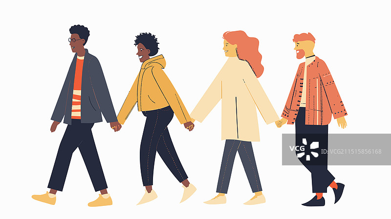四个不同的年轻人手牵手走路图片素材