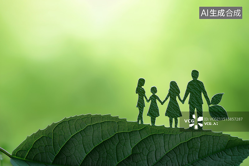 【AI数字艺术】绿色背景的一家人手牵手剪影插画背景图片素材