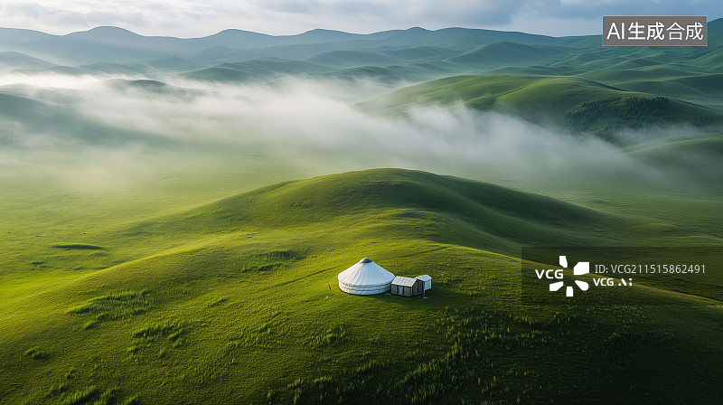 【AI数字艺术】云雾缭绕的草原帐篷蒙古包图片素材
