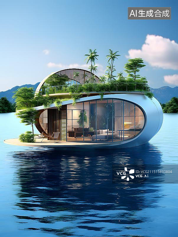 【AI数字艺术】蓝天白云下海边的房子图片素材