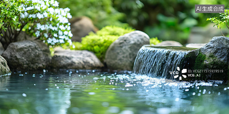 【AI数字艺术】日式花园小瀑布图片素材