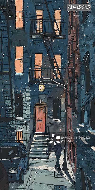 【AI数字艺术】城市雪夜巷弄图片素材