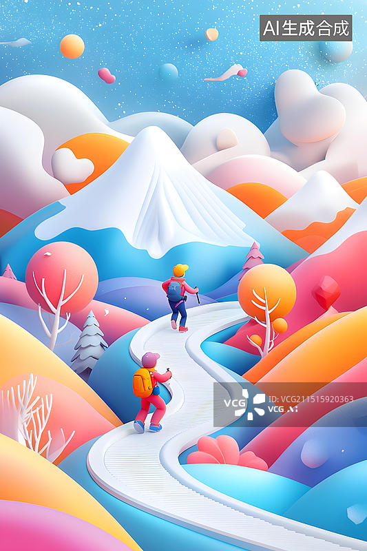 【AI数字艺术】卡通彩色山脉中徒步旅行的两个人图片素材