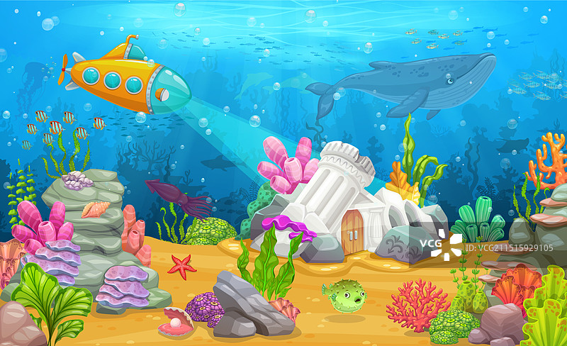 带有深海潜水器的水下景观图片素材