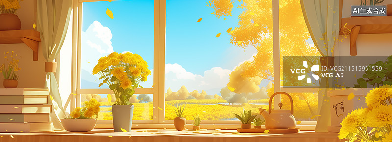 【AI数字艺术】秋日窗台窗外原野正视，菊花盆栽，黄色色调，皮克斯风格场景图片素材