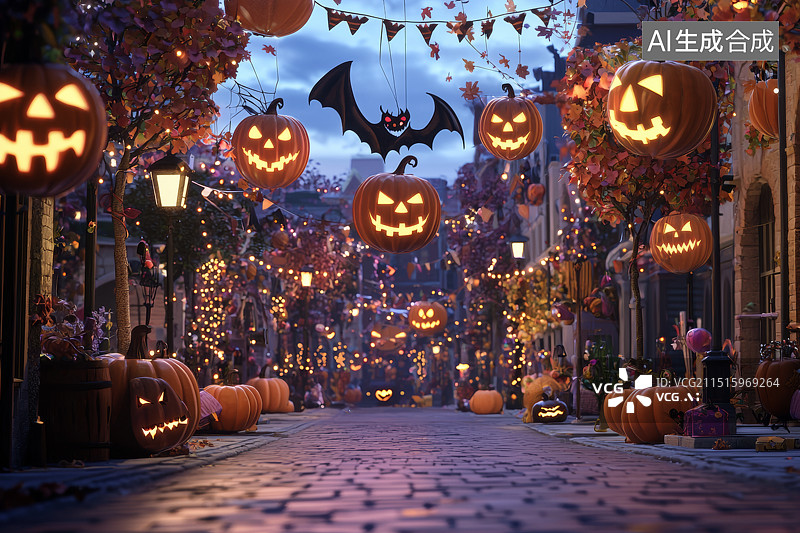 【AI数字艺术】秋季南瓜灯装饰的夜晚街道图片素材