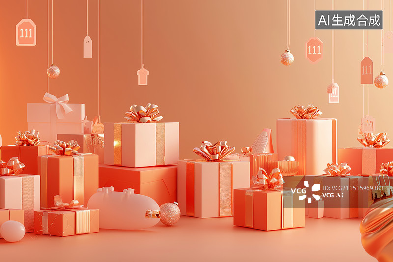 【AI数字艺术】粉红色礼物盒与挂饰的温馨节日布置图片素材