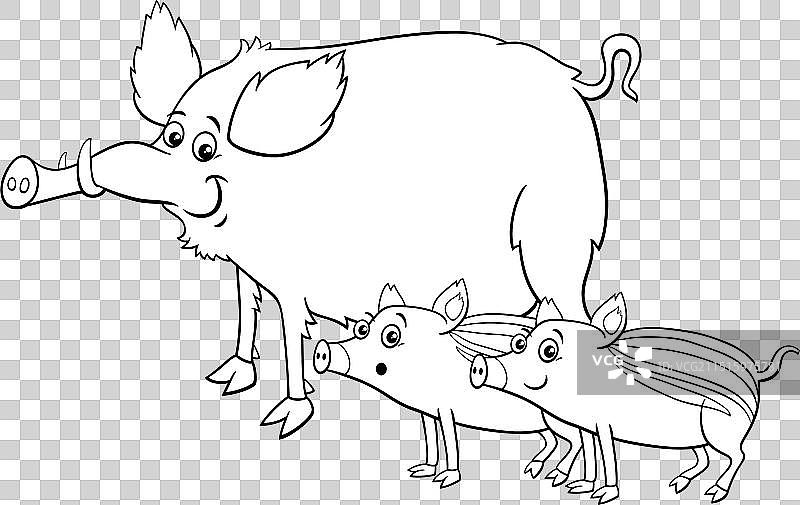 卡通野猪和小猪着色图片素材