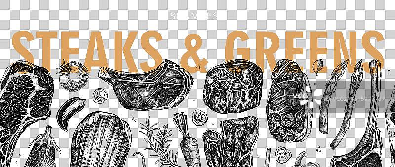 健康食品无缝缎带复古风肉类图片素材