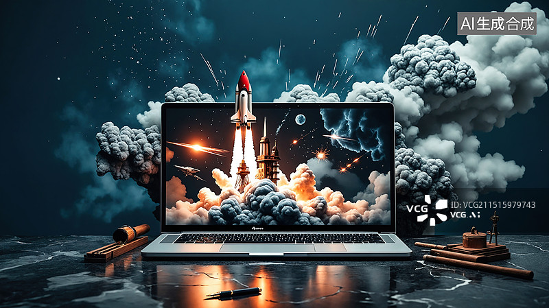 【AI数字艺术】火箭发射的笔记本电脑图片素材