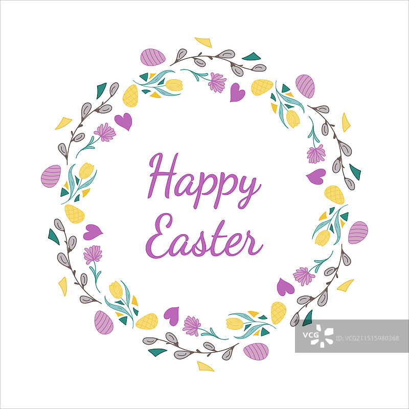 复活节花环柳芽花朵心形彩蛋图片素材