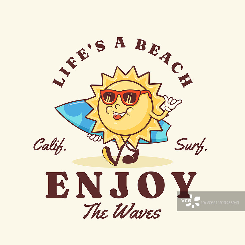 夏日阳光冲浪复古卡通人物标签图片素材