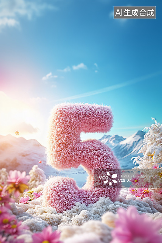 【AI数字艺术】粉色毛绒毛线倒计时立体数字5图片素材