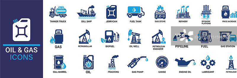 包含燃料精炼厂的石油和天然气图标集图片素材