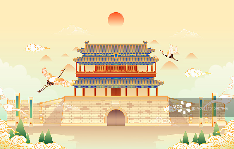 北京中轴线正阳门城楼古建筑插画图片素材
