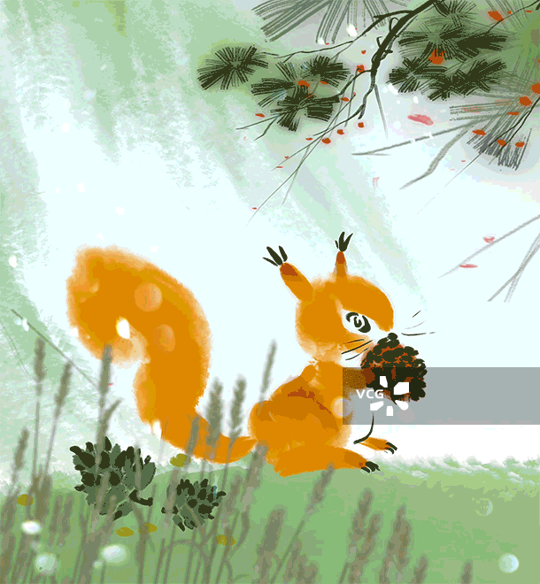 松子，松树，松鼠，可爱动物水墨动画插图图片素材