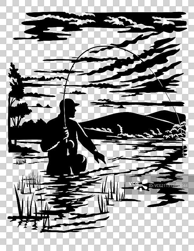 在蒙大拿州岩溪钓鱼的渔夫图片素材