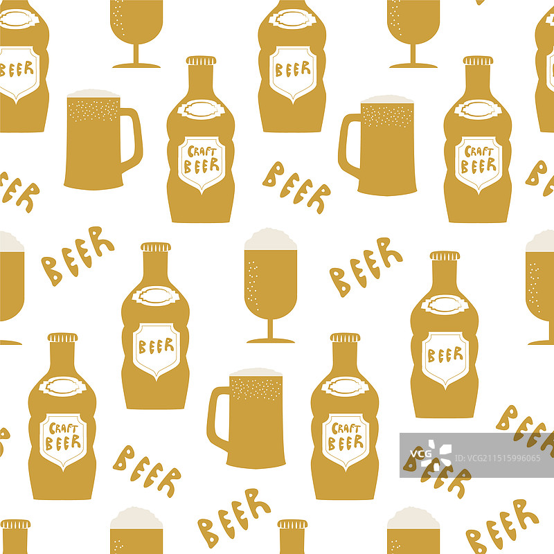 啤酒瓶、酒杯和啤酒字样无缝图案图片素材