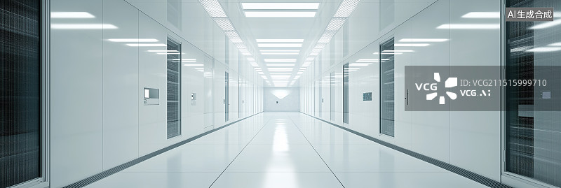 【AI数字艺术】未来感十足的白色服务器机房，配备先进的计算机服务器和网络设备。整洁的极简设计展示了整齐排列的白色服务图片素材