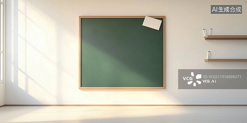 【AI数字艺术】教师节概念：空绿色粉笔板、粉笔擦和白色粉笔悬挂在白色背景的墙上，简约课堂设计，象征教育、知识和开学主图片素材