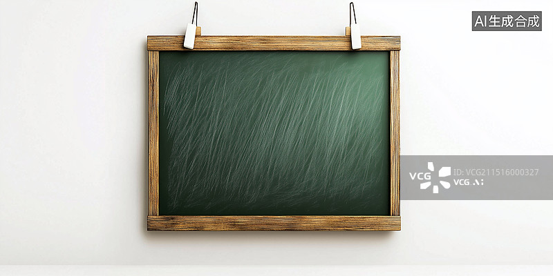 【AI数字艺术】教师节概念：空绿色粉笔板、粉笔擦和白色粉笔悬挂在白色背景的墙上，简约课堂设计，象征教育、知识和开学主图片素材
